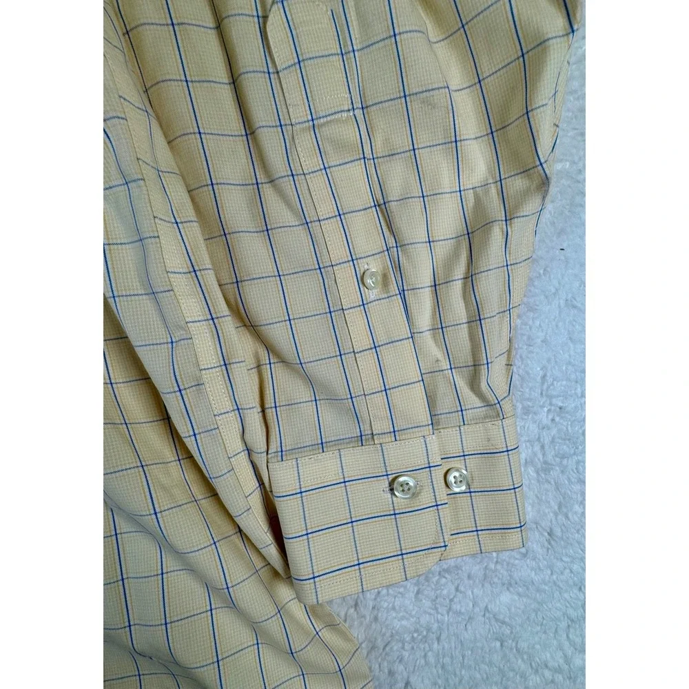 Brooks Brothers Dress Shirt Mens 18 6/7 Yellow Windowpane Check Non-Iron‎ Cotton